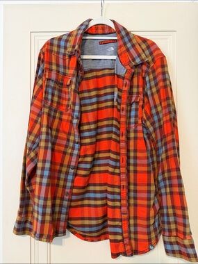 The North Face Men’s Orange and Blue Plaid Button-Down Shirt